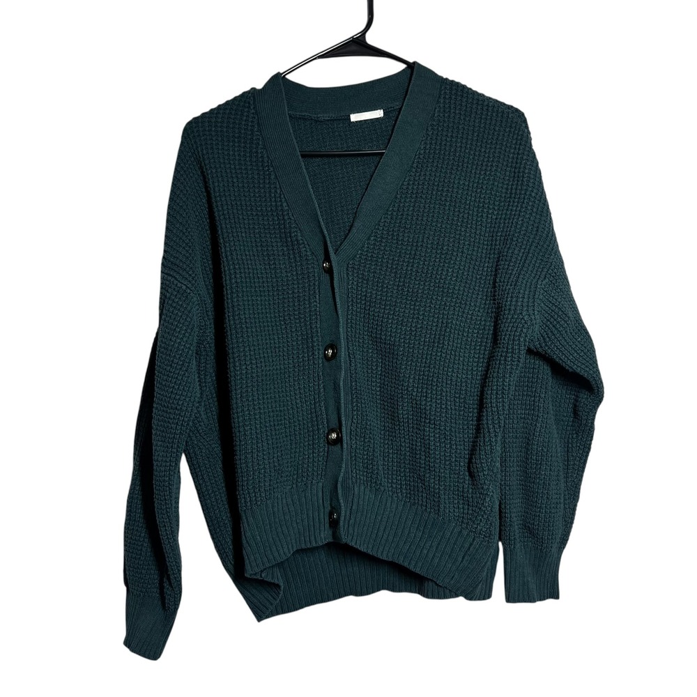 GU Waffle Knit V Neck Button Front Cardigan Sweater Teal Green Size L